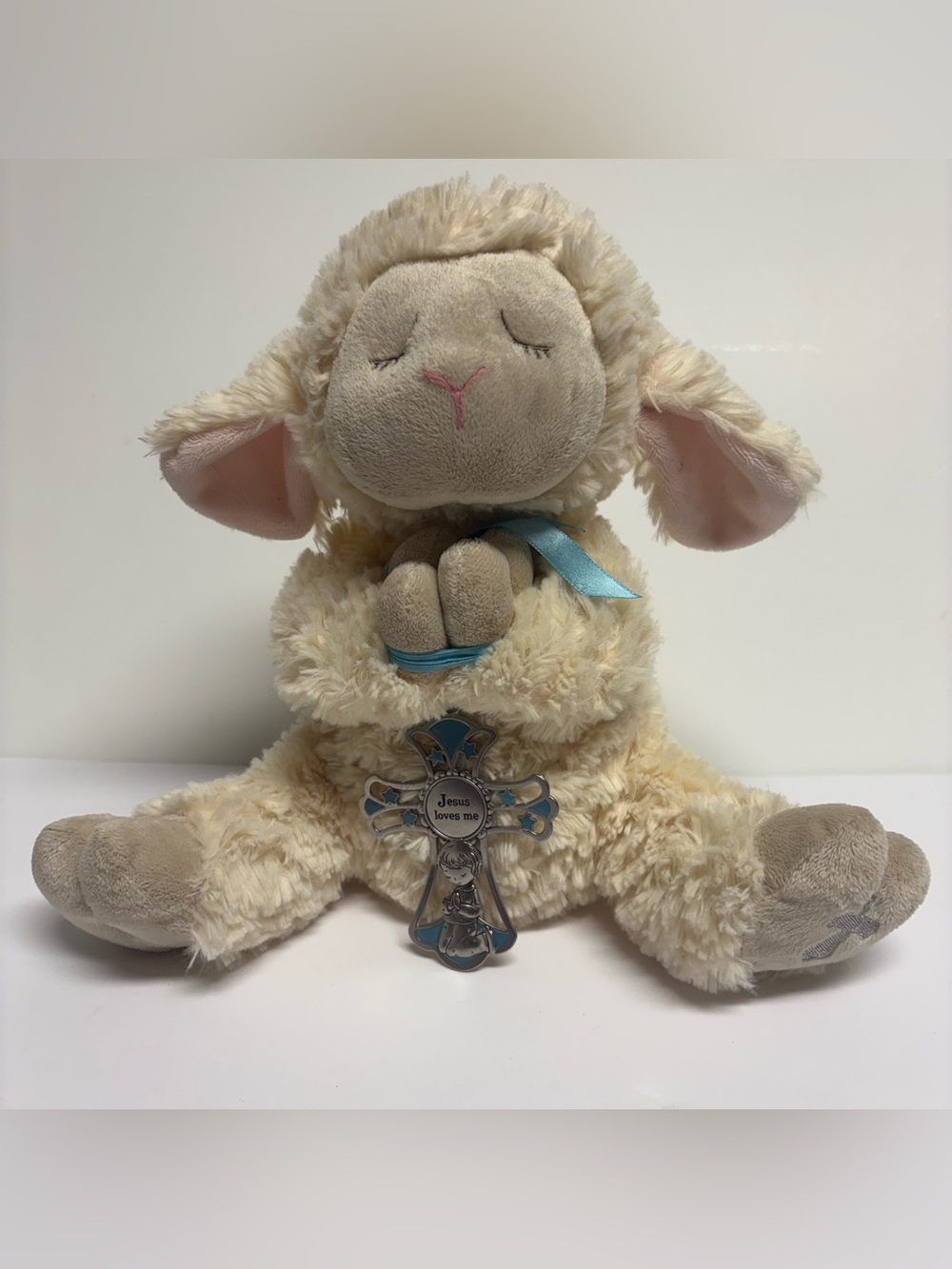 Ganz "Jesus Loves Me" Praying Lamb Soft Plush Toy Religious Cross Sheep Blue